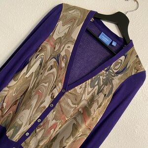 Simply Vera Wang L Purple Lightweight Artsy Abstract Cardigan, Indie Y2K b28